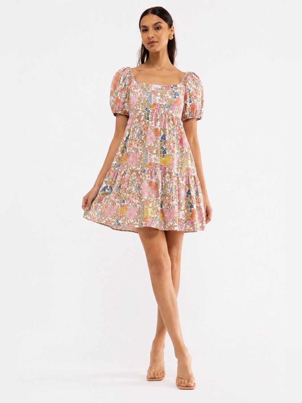 Smith & Quinn Floral Puff Sleeve Mini Dress XL Cottagecore Babydoll Stretch